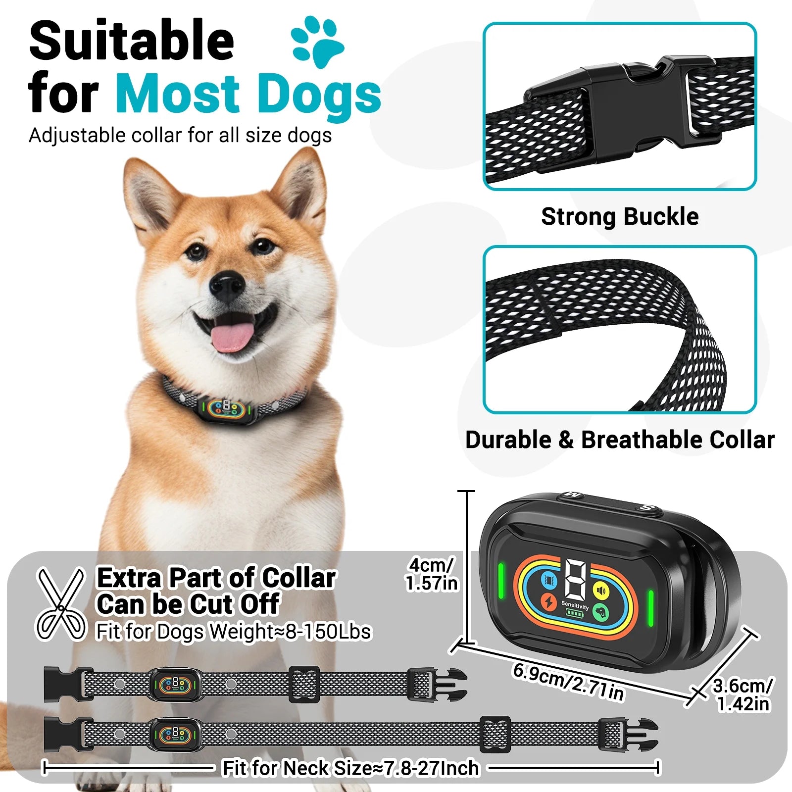 Dog Shock Collar for Large Dogs,Smart Bark Collar,Rechargeable anti Barking Training Collar with 7 Adjustable Sensitivity, with Beep Vibration