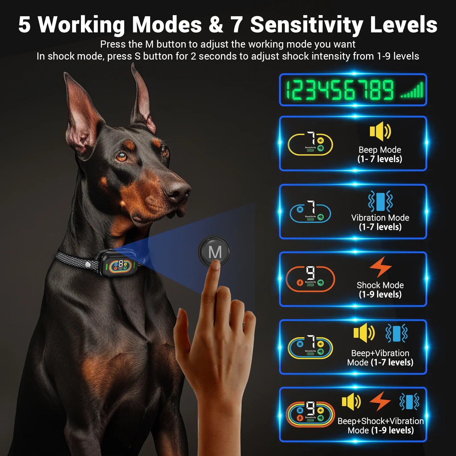 Dog Shock Collar for Large Dogs,Smart Bark Collar,Rechargeable anti Barking Training Collar with 7 Adjustable Sensitivity, with Beep Vibration